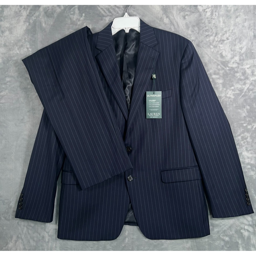 Lauren Ralph Lauren 2 Piece Suit Mens 42R New Navy Blue Jacket Blazer Striped